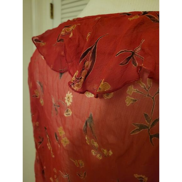 Vtg Tess Flare Sleeve Ruffle V Neck Tie-Front Floral Silk Sheer Top Red Size 14 - Picture 5 of 11